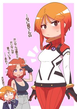 3girls absurdres amate_yuzuriha amate_yuzuriha_(cosplay) black_gloves black_tank_top breasts cosplay cowboy_shot elpeo_puru gloves gundam gundam_gquuuuuux gundam_zz highres large_breasts light_blush looking_at_another marida_cruz military_uniform multiple_girls neo_zeon nyaan_(gundam_gquuuuuux) nyaan_(gundam_gquuuuuux)_(cosplay) onimaru_(onimal7802) orange_hair pants puru_two red_pants science_fiction short_hair shuji_ito shuji_ito_(cosplay) small_breasts standing tank_top translation_request