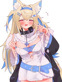 1girl absurdres animal_ear_fluff animal_ears bandaid bandaid_hair_ornament belt black_collar black_jacket blonde_hair blue_belt blue_nails blue_streaks breasts cleavage collar commentary_request dog_ears dog_girl dog_tail dress fur-trimmed_jacket fur_trim fuwawa_abyssgard fuwawa_abyssgard_(1st_costume) hair_ornament hairpin highres hololive hololive_english jacket large_breasts long_hair multicolored_hair nail_polish open_mouth pink_eyes smile solo spiked_collar spikes streaked_hair tail tepenchi two_side_up very_long_hair virtual_youtuber white_dress