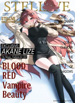 Rule 34 | 1girl, akane lize, arm up, armpits, bag, belt, black dress, black eyes, black thighhighs, breasts, cover, dress, ekta, feet out of frame, hand up, highres, jacket, large breasts, long hair, looking at viewer, lying, magazine cover, mole, mole on cheek, on back, open clothes, open jacket, open mouth, pienna (akane lize), red hair, ribbed dress, scarf, shoulder bag, sleeveless, sleeveless dress, solo, stellive, thighhighs, thighs, very long hair, virtual youtuber, white jacket, zettai ryouiki