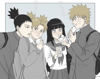 2boys 2girls alternate_universe backpack bag black_hair blonde_hair blunt_bangs commentary cup disposable_coffee_cup disposable_cup facial_mark food food_on_face gakuran grey_eyes grey_sweater heart hetero highres holding holding_cup holding_food hyuuga_hinata multiple_boys multiple_girls nara_shikamaru naruto_(series) naruto_shippuuden notane_n school_bag school_uniform serafuku short_twintails steamed_bun sweater symbol-only_commentary temari_(naruto) topknot twintails uzumaki_naruto whisker_markings