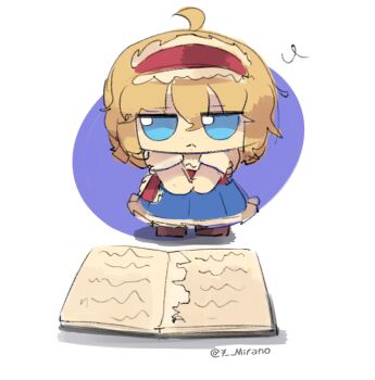 1girl 7-mirano alice_margatroid blonde_hair blue_dress blue_eyes book capelet dress frills fumo_(doll) grimoire grimoire_of_alice hairband highres open_book page_tear revealing_layer short_hair solo touhou