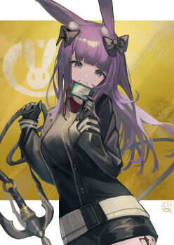 1girl animal_ear_fluff animal_ears arknights black_bow black_jacket bow breasts grappling_hook grey_eyes grin hair_bow hands_up hemorina highres holding id_card jacket long_hair long_sleeves looking_at_viewer material_growth oripathy_lesion_(arknights) rabbit_ears rabbit_girl rope_(arknights) smile solo yellow_background