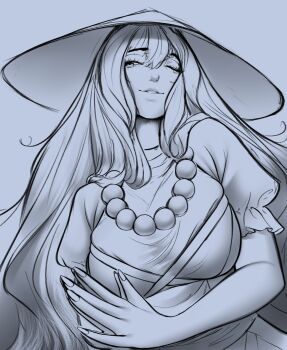 Rule 34 | 1girl, absurdres, ajirogasa, bead necklace, beads, blue background, blue theme, breasts, hair over shoulder, hat, highres, hijiri byakuren, jewelry, klabisot, long hair, looking to the side, necklace, one eye closed, own hands together, short sleeves, sketch, smile, touhou, upper body