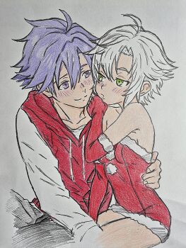 Rule 34 | 1boy, 1girl, absurdres, black hair, blush, breasts, christmas, closed mouth, commentary, couple, eiyuu densetsu, english commentary, fie claussell, green eyes, greyscale, highres, hood, hoodie, hug, looking at another, monochrome, rean schwarzer, red hoodie, santa costume, sen no kiseki (series), small breasts, takuu (seadog6662), white hair