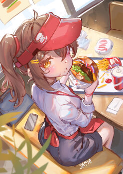 absurdres apron blush brown_hair burger business_suit cellphone closed_mouth drink drinking_straw employee_uniform fast_food fast_food_uniform food food_in_mouth food_on_face formal_clothes french_fries hair_ornament hairband hairclip highres holding holding_burger holding_food ketchup looking_at_viewer looking_to_the_side napkin one_eye_closed original phone plant ponytail red_apron red_hairband samyo sitting soda suit thick_eyelashes window yellow_eyes