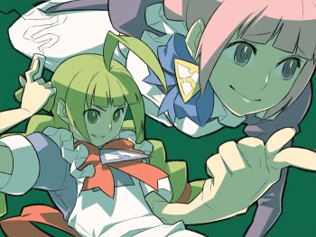 Rule 34 | !, 2girls, ?, ahoge, anime coloring, apron, archived source, back bow, black outline, blue bow, blue bowtie, blue dress, blue sleeves, blunt bangs, bow, bowtie, braid, breasts, chalk, color contrast, dress, foreshortening, frilled apron, frills, futaba channel, green background, green eyes, green hair, holding, holding chalk, itsumo nokoru, juliet sleeves, large bow, long hair, long sleeves, looking ahead, low-braided long hair, low-tied long hair, me-tan, medium breasts, multiple girls, os-tan, outline, pink hair, pointing, puffy sleeves, purple dress, purple eyes, red bow, red bowtie, short sleeves, sidelocks, sleeve cuffs, smile, smoke, thick outlines, triangle ornament, twin braids, v-shaped eyebrows, we-tan, white apron