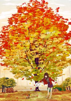 1girl autumn autumn_leaves barefoot bird blush brown_hair cloud commentary_request dated falling_leaves floating_hair fog grey_eyes grey_sky grey_sweater hat highres holding holding_unworn_clothes holding_unworn_hat jacket kumagai_nono leaf leaning_forward long_hair long_sleeves looking_at_animal looking_down open_clothes open_jacket open_mouth original outdoors outstretched_arms pigeon purple_shorts red_jacket scenery shorts sky solo spread_arms standing sweater tree turtleneck turtleneck_sweater twitter_username unworn_hat unworn_headwear white_hat wide_shot wind
