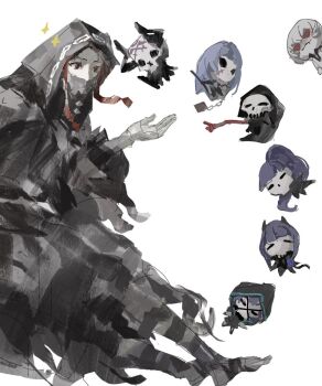 Rule 34 | 4boys, 4girls, armor, assassin (fate/zero), black cloak, black hair, black hood, character request, chibi, cloak, commentary request, covered mouth, dark-skinned female, dark-skinned male, dark skin, fate/grand order, fate/prototype, fate/prototype: fragments of blue and silver, fate/stay night, fate/strange fake, fate/zero, fate (series), female assassin (fate/zero), formal clothes, hair between eyes, hassan of serenity (fate), hassan of the cursed arm (fate), hassan of the shining star (fate), hood, hood up, hooded cloak, horns, jester karture, king hassan (fate), long hair, long sleeves, mask, multiple boys, multiple girls, no name assassin (fate), parted bangs, ponytail, provercrinolin, purple hair, red eyes, short hair, simple background, skull, skull mask, solo focus, star (symbol), suit, white background, white hair, white suit, zabaniya (fate)