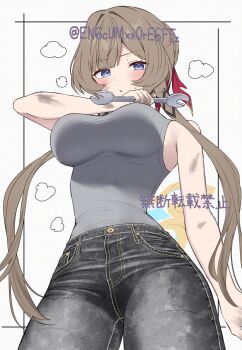 1girl adversarial_noise alternate_costume arm_at_side bare_arms bare_shoulders black_pants blue_eyes blush border braid braided_base breasts brown_hair bun_with_braided_base casual commentary_request contrapposto cowboy_shot denim dirty dirty_arm dirty_face dirty_hands double-sided_wrench from_below furrowed_brow genshin_impact grey_tank_top hair_bun hair_intakes hair_ribbon hand_up highres holding holding_wrench jeans large_breasts long_bangs long_hair long_sidelocks looking_at_viewer outside_border pants parted_lips red_ribbon ribbon sandrone_(genshin_impact) shirt_tucked_in sidelocks simple_background single_hair_bun solo standing steaming_body sweatdrop tank_top twitter_username very_long_hair white_background white_border wrench yamano_rokamizu