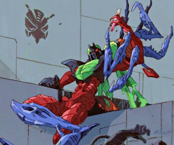 1990s_(style) 1boy arthropod_limbs asymmetrical_arms beast_wars beast_wars:_transformers bug chemicals insect_wings insecticon locust marble-v mecha organic predacon red_eyes retro_artstyle robot scientist scourge_(beast_wars) scourge_(transformers) sitting symbol test_tube transformers wall wings