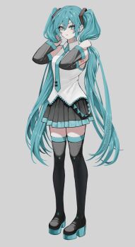 1girl absurdres aqua_eyes aqua_hair aqua_nails aqua_necktie artist_name black_sleeves commentary detached_sleeves full_body grabbing_own_hair grey_background grey_shirt hatsune_miku headphones headset highres holding holding_own_hair long_hair necktie number_tattoo parted_lips platform_shoes shirt simple_background skirt solo tattoo twintails very_long_hair vocaloid yangie37