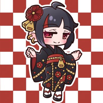 1girl absurdres ahoge black_hair black_kimono blush checkered_background chibi closed_mouth commentary_request ear_piercing full_body highres japanese_clothes kimono long_sleeves multicolored_hair obi original outline piercing red_eyes red_hair saishosaisekojo sasaki_noa_(saishosaisekojo) sash smile solo standing streaked_hair white_outline wide_sleeves zipper zipper_pull_tab