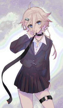Rule 34 | 1girl, absurdres, ahoge, alternate costume, black collar, black jacket, black skirt, blonde hair, blue eyes, butterfly necklace, buttons, collar, collared shirt, commentary request, covering own mouth, go onnu, hair between eyes, hair ornament, hairclip, hand over own mouth, highres, ia (vocaloid), ia (vocaloid6), jacket, jewelry, looking at viewer, necklace, pleated skirt, shirt, short hair, skirt, solo, thigh strap, vocaloid, white background, white shirt