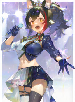 1girl animal_ears black_hair black_thighhighs blue_gloves blue_jacket blue_shorts blue_skirt breasts collared_shirt commentary_request concert double-parted_bangs garter_straps gloves gold_tiara hair_between_eyes hair_ornament hairclip halter_shirt halterneck heart-shaped_gem highres holding holding_microphone hololive jacket large_breasts looking_at_viewer maro2ki3 medium_hair microphone midriff mismatched_thighhighs multicolored_hair multicolored_jacket navel official_alternate_costume official_alternate_hairstyle ookami_mio ookami_mio_(our_sparkle) open_mouth partially_fingerless_gloves pleated_skirt ponytail red_hair shirt shorts sidelocks single_garter_strap skirt solo streaked_hair tail thighhighs two-tone_jacket two-tone_skirt virtual_youtuber white_jacket white_skirt white_thighhighs wolf_ears wolf_girl wolf_tail yellow_eyes