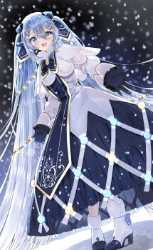 1girl :d absurdres beret black_gloves blue_bow blue_eyes blue_hair blurry blurry_background boots bow braid braided_bangs capelet depth_of_field dress frilled_sleeves frills fur-trimmed_boots fur-trimmed_capelet fur_trim gloves hair_between_eyes hair_bow hair_ornament hat hatsune_miku heart high_heel_boots high_heels highres long_hair long_sleeves open_mouth pentagon_(railgun_ky1206) sleeves_past_wrists smile snowflakes snowing solo standing twintails very_long_hair vocaloid white_boots white_capelet white_dress white_hat yuki_miku yuki_miku_(2021)