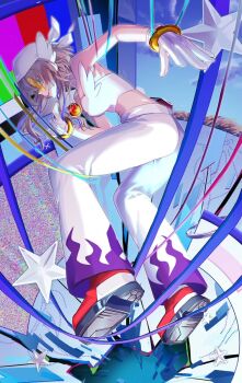 1girl ama_(pixiv_50406250) armpits bandana bell-bottoms blonde_hair blue_eyes blue_hair bracelet breasts commission cosplay flame_print gloves gold_bracelet head_wings highres jewelry large_breasts looking_at_viewer multicolored_hair pants perspective phase_connect red_shoes rinkou_ashelia round_eyewear shirt shoes sonic_(series) sonic_riders_(series) star_(symbol) streaked_hair sunglasses tinted_eyewear vgen_commission virtual_youtuber wave_the_swallow wave_the_swallow_(cosplay) white_bandana white_gloves white_pants white_shirt wings wolf_cut yellow-tinted_eyewear