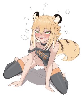 1girl absurdres all_fours animal_ears arrax_(wdah8558) black_camisole black_choker black_thighhighs blonde_hair bottomless camisole choker commentary english_commentary full_body green_eyes highres ju_fufu long_hair looking_at_viewer open_mouth simple_background smile solo strap_slip tail thighhighs tiger_ears tiger_girl tiger_tail white_background zenless_zone_zero