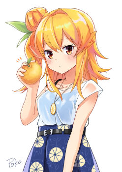 absurdres belt blue_skirt commentary_request food fruit green_ribbon highres hinatsuki_mikan looking_at_viewer machikado_mazoku mandarin_orange orange_eyes orange_hair poko_(user_rjdg5478) ribbon shirt short_sleeves side_ponytail simple_background skirt upper_body white_shirt