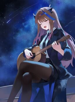 1girl absurdres airi_kanna belt black_belt black_coat black_necktie black_shorts blue_streaks brown_hair brown_pantyhose closed_eyes coat collared_shirt commentary_request crossed_legs feet_out_of_frame guitar highres holding holding_guitar holding_instrument horns instrument legs long_sidelocks long_sleeves multicolored_hair music nbee_ya necktie night open_mouth pantyhose playing_guitar playing_instrument purple_hair shirt shorts sidelocks sitting solo star_(sky) stellive virtual_youtuber white_horns white_shirt