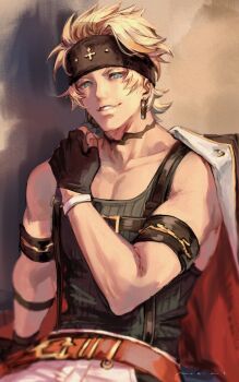 1boy blonde_hair blue_eyes bowman_(granblue_fantasy) earrings fingerless_gloves gloves granblue_fantasy grin highres jacket jacket_on_shoulders jewelry mokimi short_hair smile solo suspenders toned toned_male