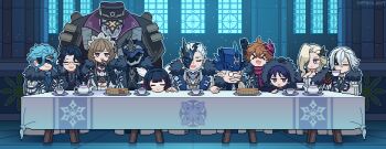 &gt;_&lt; 4girls 6+boys :d arlecchino_(genshin_impact) black_hair blonde_hair blue_eyes brown_hair capitano_(genshin_impact) chibi chibi_only closed_eyes closed_mouth coat columbina_(genshin_impact) covered_eyes cup dottore_(genshin_impact) eye_mask fatui_coat feeding fine_art_parody food fork full_body fur-trimmed_hood fur_collar fur_trim genshin_impact glasses grey_hair hair_between_eyes hair_over_one_eye half_mask hat head_on_table head_rest height_difference highres holding holding_cup holding_fork hood hood_up humanoid_robot indoors long_hair long_nose long_sleeves long_table mask mask_on_head mask_over_one_eye multicolored_hair multiple_boys multiple_girls one_eye_covered open_mouth pantalone_(genshin_impact) parody pierro_(genshin_impact) pixel_art pointy_ears ppyok_1017 pulcinella_(genshin_impact) purple_eyes purple_hair rectangular_mouth robot sandrone_(genshin_impact) scaramouche_(genshin_impact) short_hair signora_(genshin_impact) smile table tablecloth tartaglia_(genshin_impact) teacup teapot the_last_supper top_hat two-tone_hair xd