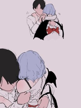 1boy 1girl absurdres arashiki bat_wings black_bow black_hair bow faceless faceless_male highres motion_lines purple_hair red_bow red_shirt remilia_scarlet shirt short_hair touhou undressing_another wings