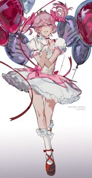 1girl absurdres balloon bow character_name crossed_arms dress dress_bow frilled_socks frills full_body gloves hair_bow highres kaname_madoka kaname_madoka_(magical_girl) looking_at_viewer magical_girl mahou_shoujo_madoka_magica mahou_shoujo_madoka_magica_(anime) open_mouth ouge_dz pink_bow pink_eyes pink_hair puffy_short_sleeves puffy_sleeves red_ribbon red_shoes ribbon shoes short_sleeves short_twintails socks solo soul_gem tiara twintails white_gloves white_socks