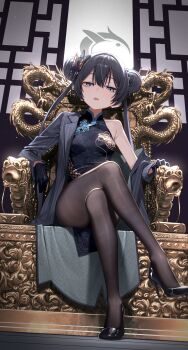 1girl absurdres black_dress black_gloves black_hair black_pantyhose black_shoes blue_archive breasts butterfly_hair_ornament china_dress chinese_clothes commentary_request crossed_legs dragon_print dress full_body gloves greenkohgen grey_eyes hair_ornament halo high_heels highres indoors jacket kisaki_(blue_archive) legs long_hair long_sleeves looking_at_viewer open_clothes open_jacket open_mouth pantyhose pumps shoes single_bare_shoulder sitting small_breasts thighs twintails