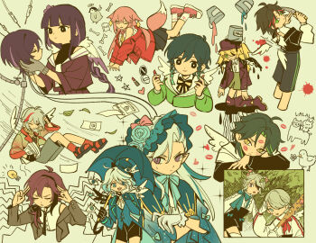 5girls 6+boys ahoge angel_wings asymmetrical_gloves baseball_bat bird black_gloves black_hairband black_shorts black_skirt blonde_hair blue_bonnet blue_dress blue_eyes blue_hair blue_hat blue_jacket bone bonnet boots bow bowtie braid brown_jacket bucket closed_eyes closed_mouth commentary cosmetics crossdressing disembodied_head dress english_commentary eyepatch fake_wings fischl_(genshin_impact) fox_tail furina_(genshin_impact) genshin_impact gloves green_background green_hair green_jacket green_skirt grey_eyes grey_hair grey_shorts hair_between_eyes hairband hand_on_own_cheek hand_on_own_face hat heterochromia highres holding holding_baseball_bat holding_detached_head holding_knife holding_lipstick_tube holding_umbrella jacket kaedehara_kazuha knee_boots kneeling knife leaf lipstick_mark lipstick_mark_on_face lipstick_tube long_hair long_sleeves looking_at_another looking_at_viewer low-braided_long_hair low-tied_long_hair lynette_(genshin_impact) lyney_(genshin_impact) mini_hat mini_top_hat mismatched_gloves missing_poster multicolored_hair multiple_boys multiple_girls neuvillette_(genshin_impact) off_shoulder one_eye_closed open_mouth overine19 parted_bangs penguin pink_eyes pink_hair pink_shoes pointy_ears purple_boots purple_eyes purple_hair purple_hat purple_shirt raiden_shogun red_hair red_jacket red_socks sandals scaramouche_(genshin_impact) shikanoin_heizou shirt shoes short_hair shorts simple_background skirt sleeveless sleeveless_shirt sneakers socks star_(symbol) streaked_hair tail teardrop_facial_mark tombstone top_hat twin_braids umbrella venti_(genshin_impact) white_gloves white_hair white_shirt white_socks wings xiao_(genshin_impact) yae_miko yellow_eyes