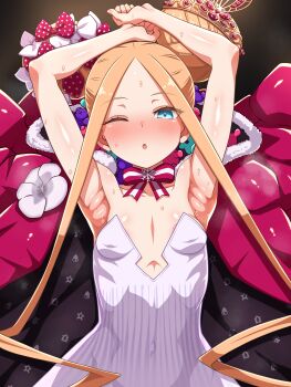 1girl abigail_williams_(fate) abigail_williams_(santa)_(fate) absurdres armpits arms_up azatychan bare_shoulders blonde_hair blue_eyes blush breasts dress fate/grand_order fate_(series) highres long_hair small_breasts white_dress