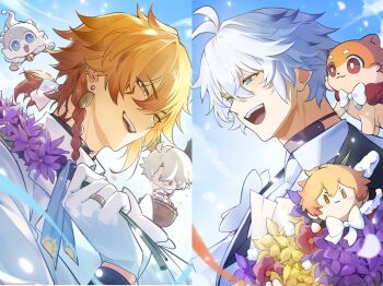 2boys antenna_hair basket black_choker black_vest blonde_hair blue_eyes blue_sky bouquet bow bowtie braid character_doll chibi chimera choker collared_shirt com777790 commentary_request doll earrings facial_tattoo flower gloves gold_earrings gold_ring gradient_hair highres holding holding_basket holding_bouquet honkai:_star_rail honkai_(series) jewelry korean_commentary male_focus medium_hair multicolored_hair multiple_boys mydei_(fig_stew)_(honkai:_star_rail) mydei_(honkai:_star_rail) neck_tattoo necktie parted_bangs phainon_(honkai:_star_rail) phainon_(vigethos)_(honkai:_star_rail) ponytail red_hair red_tattoo shirt short_hair short_ponytail side_braid sky tattoo vest white_bow white_bowtie white_gloves white_hair white_necktie white_shirt yellow_eyes