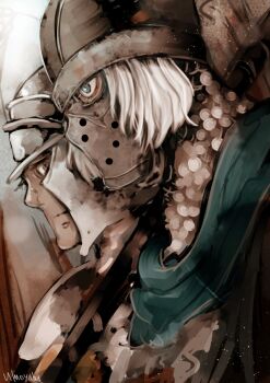 2boys armor blue_cape blue_eyes brown_eyes cape chainmail closed_mouth commentary_request creighton_of_mirrah dark_souls_(series) dark_souls_ii helmet looking_afar looking_at_viewer male_focus mask masked mild_mannered_pate multiple_boys pauldrons short_hair shoulder_armor umeyama_(toma23) upper_body white_hair