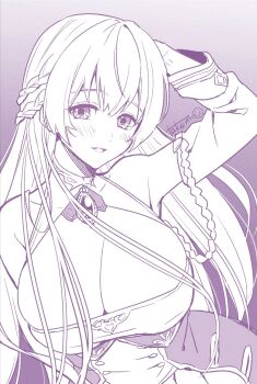 1girl arm_behind_head azur_lane blush braid breasts cleavage detached_sleeves dress gem hair_between_eyes half_up_braid highres large_breasts long_hair monochrome open_mouth ribbon rodney_(azur_lane) smile solo takemi_mochi twitter_username very_long_hair