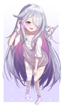 1girl absurdres banteu chest_jewel colored_inner_hair commentary_request detached_wings ear_piercing earrings english_text fang full_body hair_over_one_eye hand_jewel highres hololive hololive_english jewel_under_eye jewelry koseki_bijou koseki_bijou_(pebble_pajamas) long_hair looking_at_viewer multicolored_hair multicolored_thighhighs official_alternate_costume open_mouth piercing pink_hair pink_thighhighs purple_eyes shirt skin_fang solo striped_clothes striped_thighhighs thighhighs very_long_hair virtual_youtuber white_shirt white_thighhighs wings