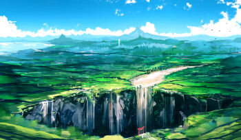 advarcher blue_sky cave cliff cloud commentary commentary_request day english_commentary landscape meadow mixed-language_commentary mountainous_horizon nature no_humans original outdoors river scenery sky torii water waterfall