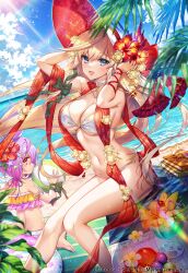 Rule 34 | 2girls, :d, age of ishtaria, ball, bare shoulders, beachball, bendy straw, bikini, blonde hair, blue eyes, blue sky, blush, bow, breasts, cleavage, cloud, copyright name, copyright notice, drink, drinking straw, flower, green bow, hair flower, hair ornament, hands up, hat, hibiscus, highres, large breasts, long hair, looking at viewer, looking back, meru (age of ishtaria), multiple girls, munlu (wolupus), navel, ocean, open mouth, purple hair, red eyes, salix (age of ishtaria), sitting, sky, smile, swimsuit, tropical drink