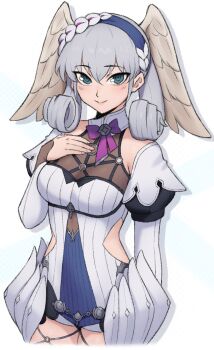 1girl blue_eyes blue_hairband bow breasts closed_mouth commentary curly_hair edmonmondo english_commentary grey_hair hairband head_wings highres looking_at_viewer medium_breasts melia_antiqua purple_bow simple_background smile solo standing white_background wings xenoblade_chronicles:_future_connected xenoblade_chronicles_(series) xenoblade_chronicles_1