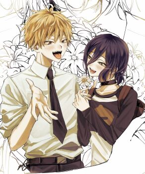 1boy 1girl backpack bag black_choker black_necktie black_pants black_sleeves blush brown_bag chainsaw_man choker collared_shirt cropped_torso denji_(chainsaw_man) flower gerbera green_eyes grenade_pin hair_between_eyes hair_bun hetero highres holding holding_flower looking_at_another medium_hair n4n4sn necktie open_mouth pants print_shirt reze_(chainsaw_man) sharp_teeth shirt short_hair sleeves_rolled_up smile teeth tongue tongue_out updo upper_body white_shirt yellow_eyes