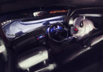 Rule 34 | 1girl, ahoge, artist name, breasts, bright pupils, car, car interior, city lights, commentary, demon girl, demon horns, driving, english commentary, evil smile, from behind, helltaker, highres, horns, jacket, looking at viewer, looking back, malina (helltaker), medium breasts, mirrored text, motor vehicle, night, painterly, rear-view mirror, red eyes, right-hand drive, road, short hair, smile, solo, steering wheel, vehicle focus, vehicle request, watch, white hair, white pupils, wristwatch, zer0frostart