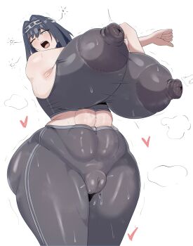 1girl abs absurdres armpit_crease belly black_sports_bra breasts cameltoe commentary covered_erect_nipples covered_navel covered_pussy english_commentary english_text exercising giacmertanfine gigantic_breasts highres hololive hololive_english huge_nipples large_areolae midriff ouro_kronii pants solo sports_bra steaming_body tight_clothes virtual_youtuber wide_hips workout_clothes yawning yoga_pants