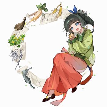 Rule 34 | 1girl, beads, blue eyes, blue ribbon, blunt bangs, blush stickers, flats, floating, flower, full body, green hair, green shirt, hair beads, hair ornament, hair ribbon, half updo, highres, holding, kamikiasu, kusuriya no hitorigoto, leaf, long skirt, maomao (kusuriya no hitorigoto), open mouth, paper, plant roots, red skirt, ribbon, shirt, single blush sticker, skirt, smile, solo, white background