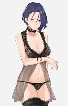 1girl asymmetrical_hair black_panties blue_hair bra breasts camisole choker cleavage female_focus fire_emblem fire_emblem:_three_houses groin j@ck lace lace-trimmed_legwear lace-trimmed_panties lace_trim large_breasts lingerie looking_at_viewer lowleg lowleg_panties navel nintendo panties purple_eyes purple_hair shamir_nevrand short_hair simple_background solo underwear