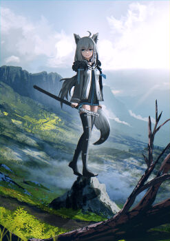 1girl absurdres advarcher ahoge animal_ear_fluff animal_ears bare_tree black_jacket blue_eyes blue_sky boots building closed_mouth cloud cloudy_sky commentary cropped cross day english_commentary floating_island fox_ears fox_girl fox_tail full_body fur_trim grass highres holding holding_sheath hololive jacket landscape long_sleeves official_alternate_costume open_clothes open_jacket outdoors rock sheath shirakami_fubuki shirakami_fubuki_(fubukitek) shirt sky smile solo standing sun sunlight sword tail thigh_boots thighhighs tree virtual_youtuber weapon white_hair zettai_ryouiki