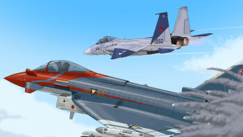 1boy 1other ace_combat ace_combat_zero aerial_battle afterburner aircraft airplane battle blue_sky canards canopy_(aircraft) cipher_(ace_combat) cockpit commentary contrail day debris dogfight english_commentary eurofighter_typhoon f-15_eagle fighter_jet flight_suit helmet highres kevincipher military_vehicle pilot pilot_helmet roundel sky smoke vehicle_focus