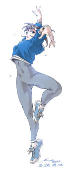 1girl absurdres arms_up breasts brown_eyes brown_hair covered_navel crop_top full_body highres hood hoodie long_hair nabipenciller original ponytail shoes small_breasts sneakers solo standing standing_on_one_leg unitard