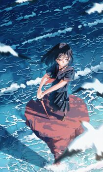 Rule 34 | 1girl, absurdres, artist name, bird, black eyes, black hair, black serafuku, black shirt, black skirt, black socks, brown shoes, commentary request, day, film grain, fish, foreshortening, from above, full body, highres, holding, holding sword, holding weapon, katana, legs apart, loafers, long skirt, looking ahead, medium hair, neckerchief, ocean, original, outdoors, plaid clothes, planted, planted sword, planted weapon, red neckerchief, scenery, school uniform, serafuku, shirt, shoes, short sleeves, skirt, socks, standing, sword, teardrops (user vgvd7733), water, weapon