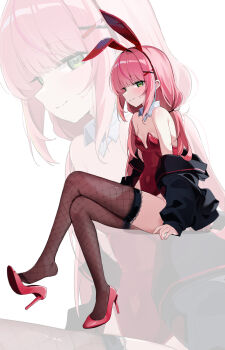 1girl absurdres animal_ear_hairband animal_ears blue_hair breasts brown_thighhighs chaum closed_mouth crossed_legs detached_collar fake_animal_ears fishnets green_eyes hairband hanako_nana hashtag-only_commentary high_heels highres invisible_chair leotard long_hair looking_at_viewer multicolored_hair pink_hair pink_shoes playboy_bunny rabbit_ears red_leotard shoe_dangle shoes simple_background sitting small_breasts smile solo stellive streaked_hair thighhighs virtual_youtuber white_background wing_collar