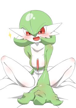 Rule 34 | 1girl, bob cut, breasts, collarbone, colored skin, female focus, gardevoir, gen 3 pokemon, green hair, green skin, hair between eyes, happy, kazamidoririnn, looking at viewer, medium breasts, multicolored skin, nintendo, open mouth, pokemon, pokemon (creature), red eyes, shiny skin, short hair, simple background, smile, solo, spread legs, squatting, thighs, transparent background, two-tone skin, white skin