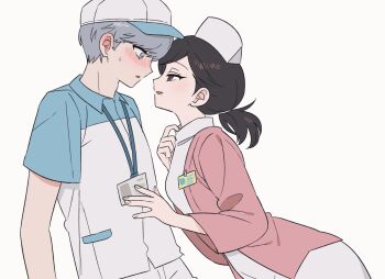 1boy 1girl black_hair blush brown_hair commentary_request dress ear_blush eyelashes from_side grey_hair hat hetero highres id_card korean_commentary long_sleeves low_ponytail mole mole_under_mouth narukami_yu nurse nurse_cap persona persona_4 ponytail profile shirt shiryoku_kensa short_sleeves simple_background uehara_sayoko white_background white_dress