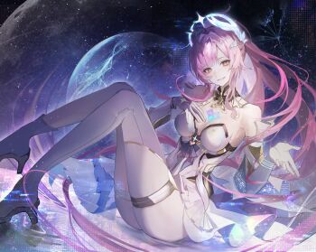 Rule 34 | 1girl, aemeath (wuthering waves), bare shoulders, breasts, commentary, elbow gloves, gloves, hair ornament, highres, leotard, long hair, looking at viewer, medium breasts, mewutd, orange eyes, parted lips, pink hair, ponytail, skirt, smile, solo, space, star-shaped pupils, star (symbol), strapless, strapless leotard, symbol-shaped pupils, tacet mark (wuthering waves), thighs, very long hair, white gloves, white leotard, white skirt, wuthering waves